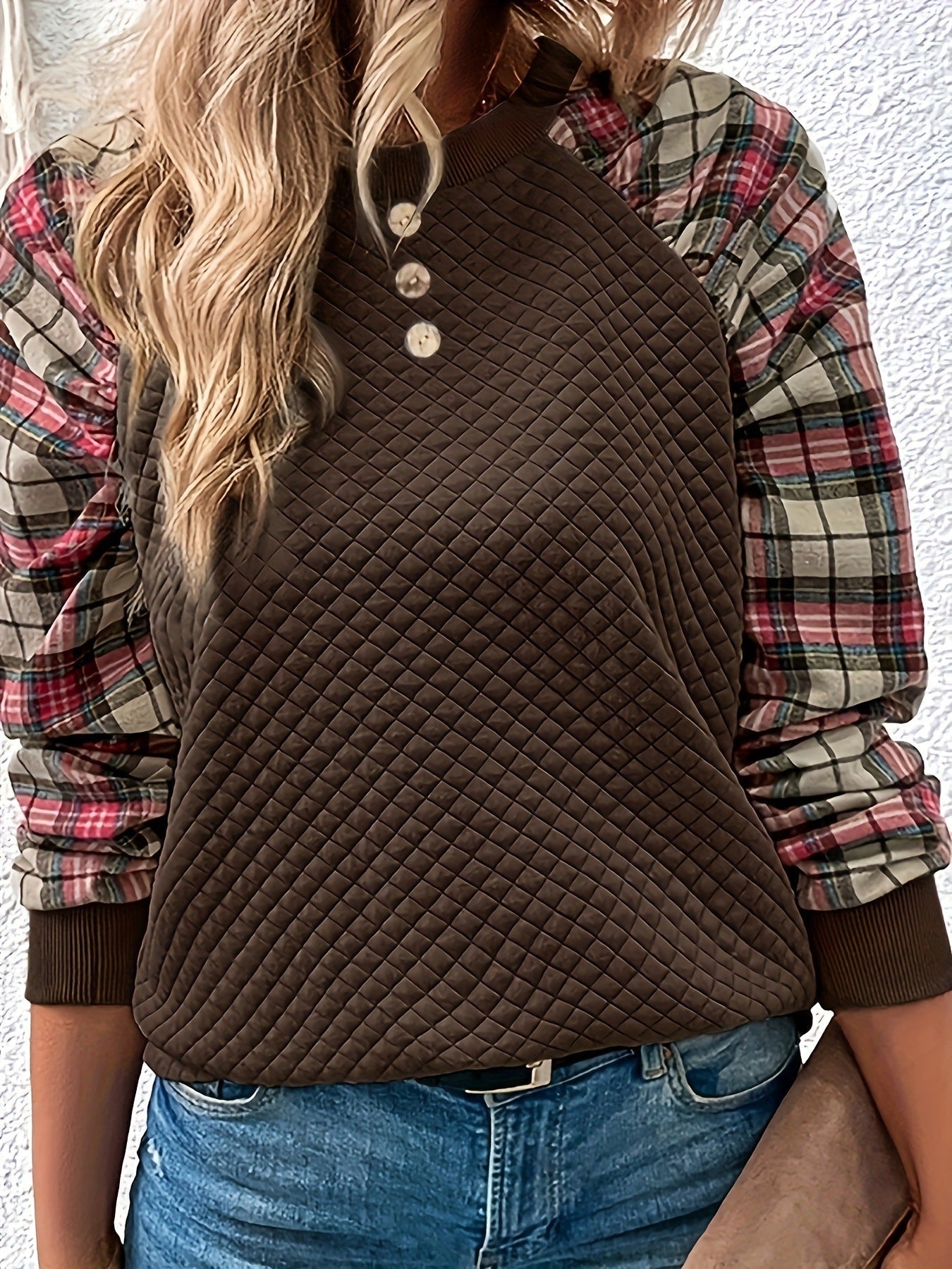 Damen Lässiger Sweatshirt mit gestepptem Design und karierten Ärmeln R&B