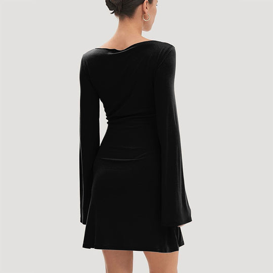 Damen elegantes Langarmkleid mit asymmetrischem Saum und fließendem Schnitt R&B