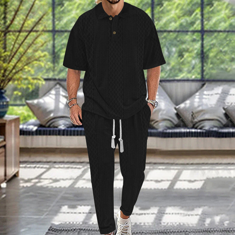 Herren nan Jacquard-Loungewear-Set mit Polokragen Kordelzugbund und konisch geschnittener Jogginghose R&B
