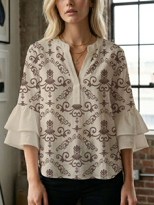 Damen Blusenshirt mit voluminösen Ärmeln und kreativem Druckdesign R&B