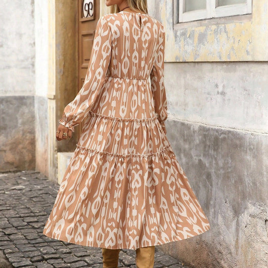 Damen Maxi-Kleid mit voluminösen Ärmeln und feinem Druck R&B