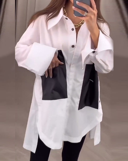 Damen nan Oversize-Hemd mit Kontrasttaschen, extra weiten Manschetten und seitlichen Schlitzen R&B