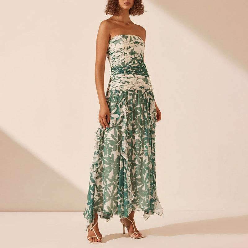 Damen schulterfreies Maxikleid mit Rüschendetails und floralem Muster R&B