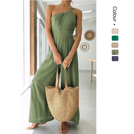 Damen Jumpsuit im modischen Wickeldesign mit weitem Bein und schulterfreiem Schnitt R&B