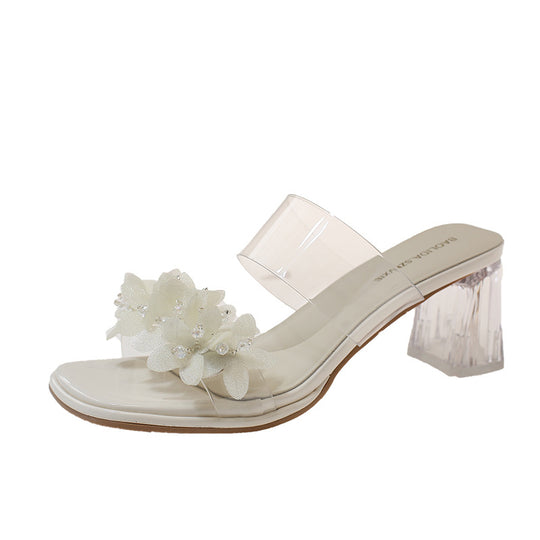 Damen Transparente Mules mit floralem Design und glitzerndem Blockabsatz R&B