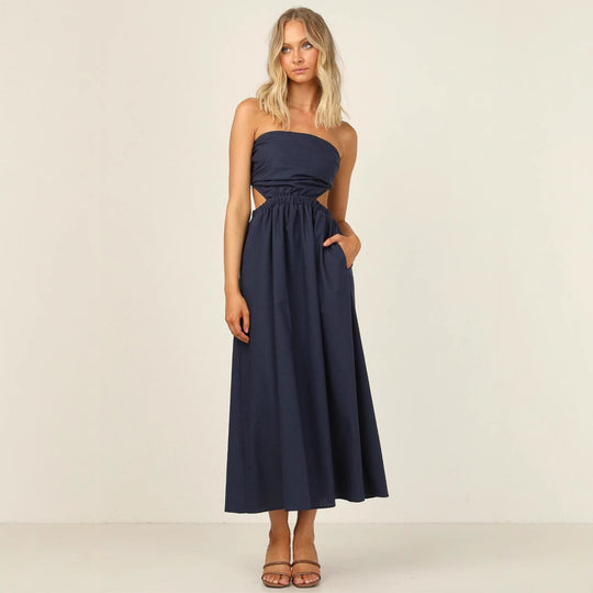 Damen Strapless Maxikleid mit seitlichem Cut-Out und praktischem Taschen-Design R&B