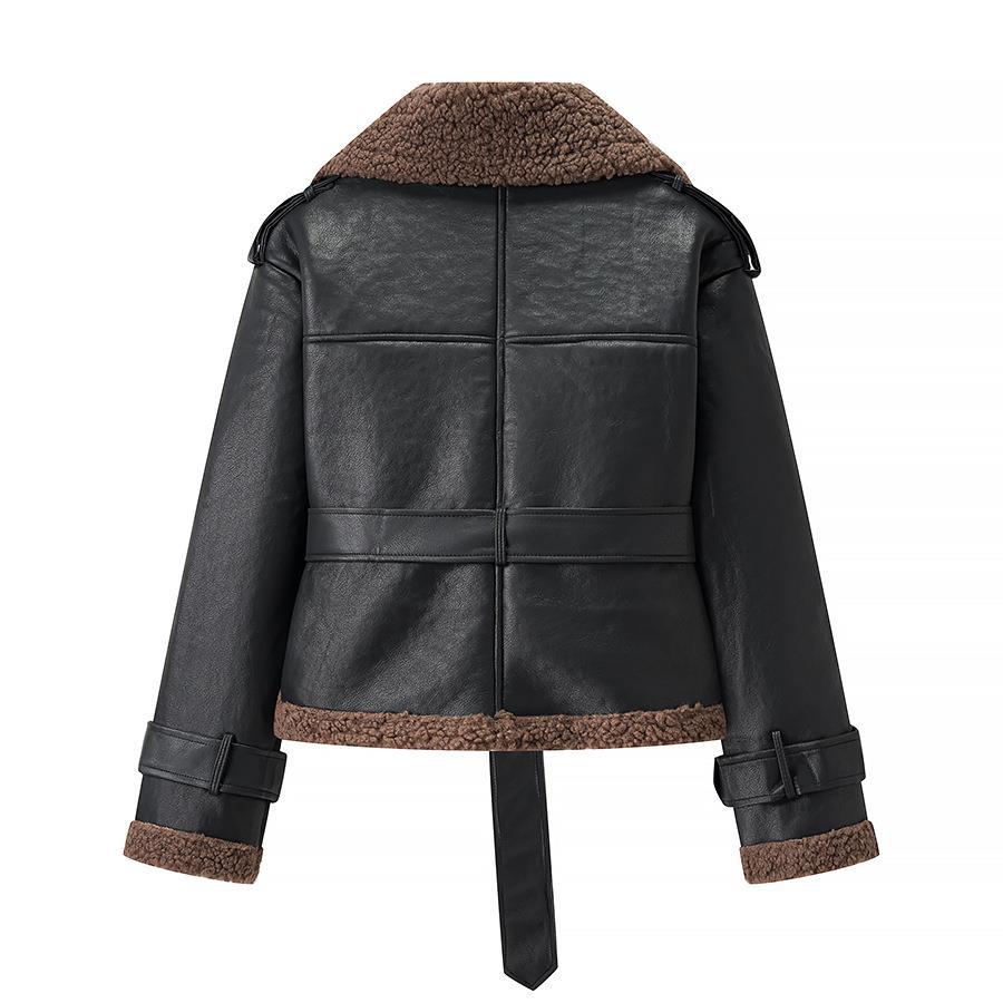 Damen Kunstlederjacke mit Teddy-Futter und taillierbarem Gürtel R&B