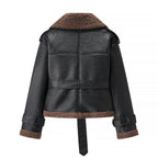 Damen Kunstlederjacke mit Teddy-Futter und taillierbarem Gürtel R&B