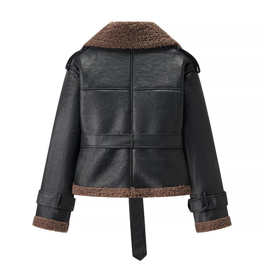 Damen Kunstlederjacke mit Teddy-Futter und taillierbarem Gürtel R&B