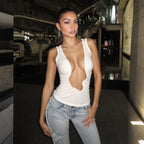 Damen Elegantes Körperlanges Top mit tiefem V-Ausschnitt und gerafftem Design R&B