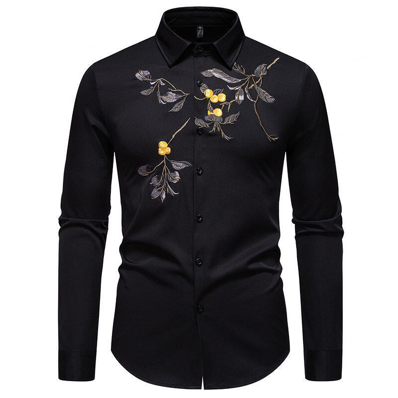 Herren Elegant besticktes Langarmhemd R&B