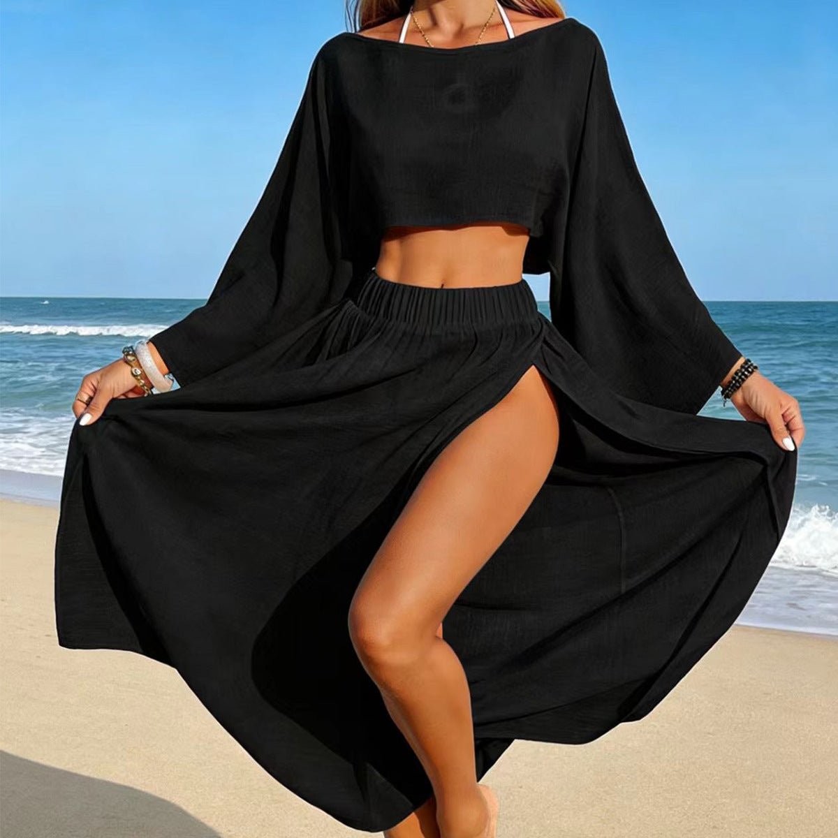Damen luftiger Strandlook mit weitem Schnitt und hohen Schlitzen R&B