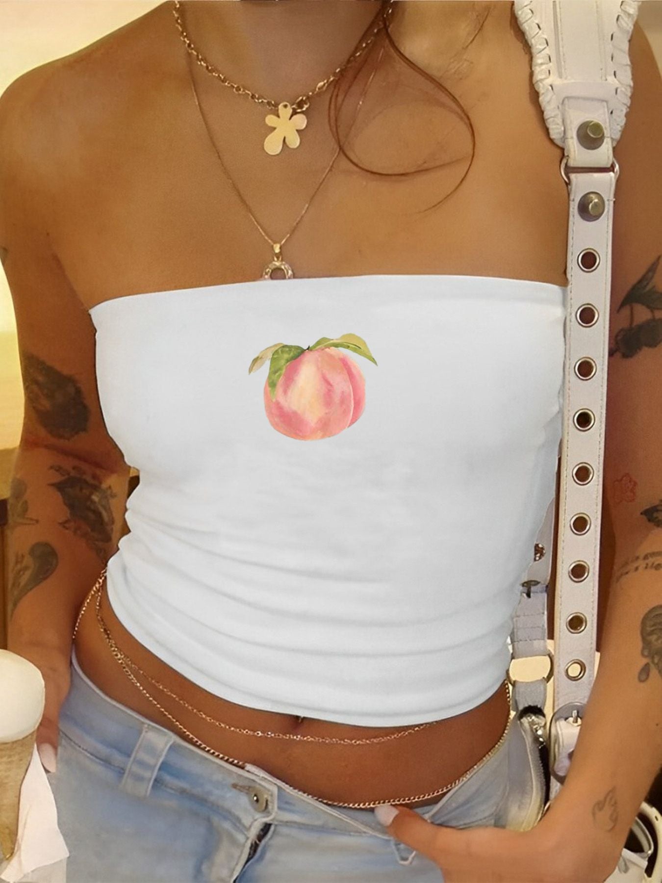 Damen Bandeau-Oberteil mit fruchtigem Motiv und figurbetontem Schnitt R&B