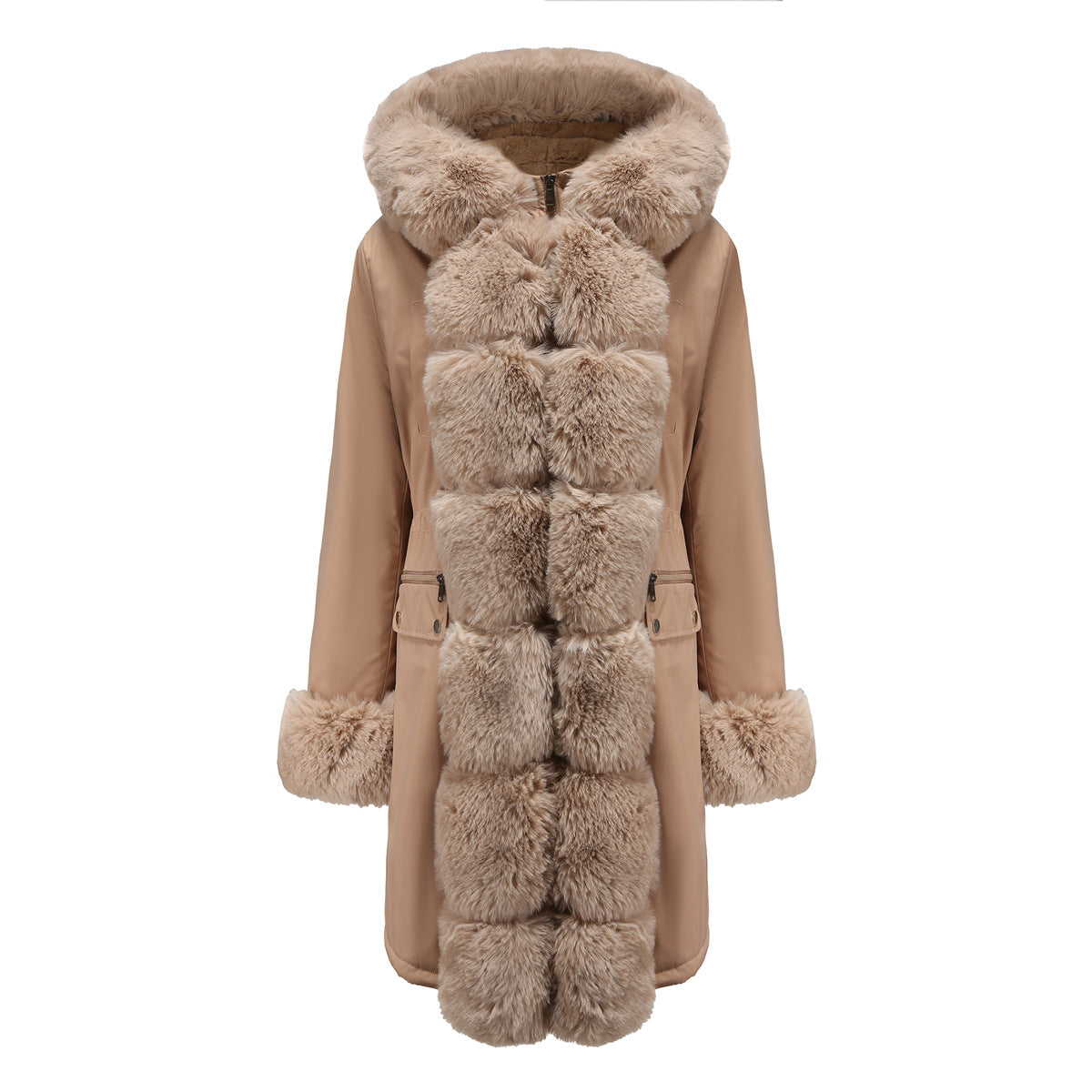 Damen elegante Parkajacke mit luxuriösem Kunstfellbesatz