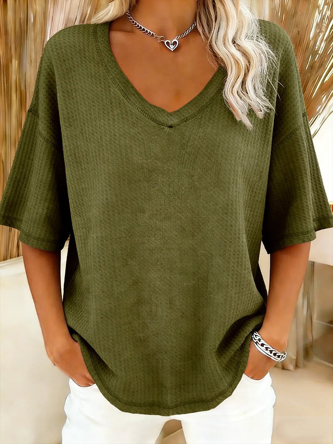 Damen lässiges Oversize-Shirt mit V-Ausschnitt und strukturiertem Muster R&B