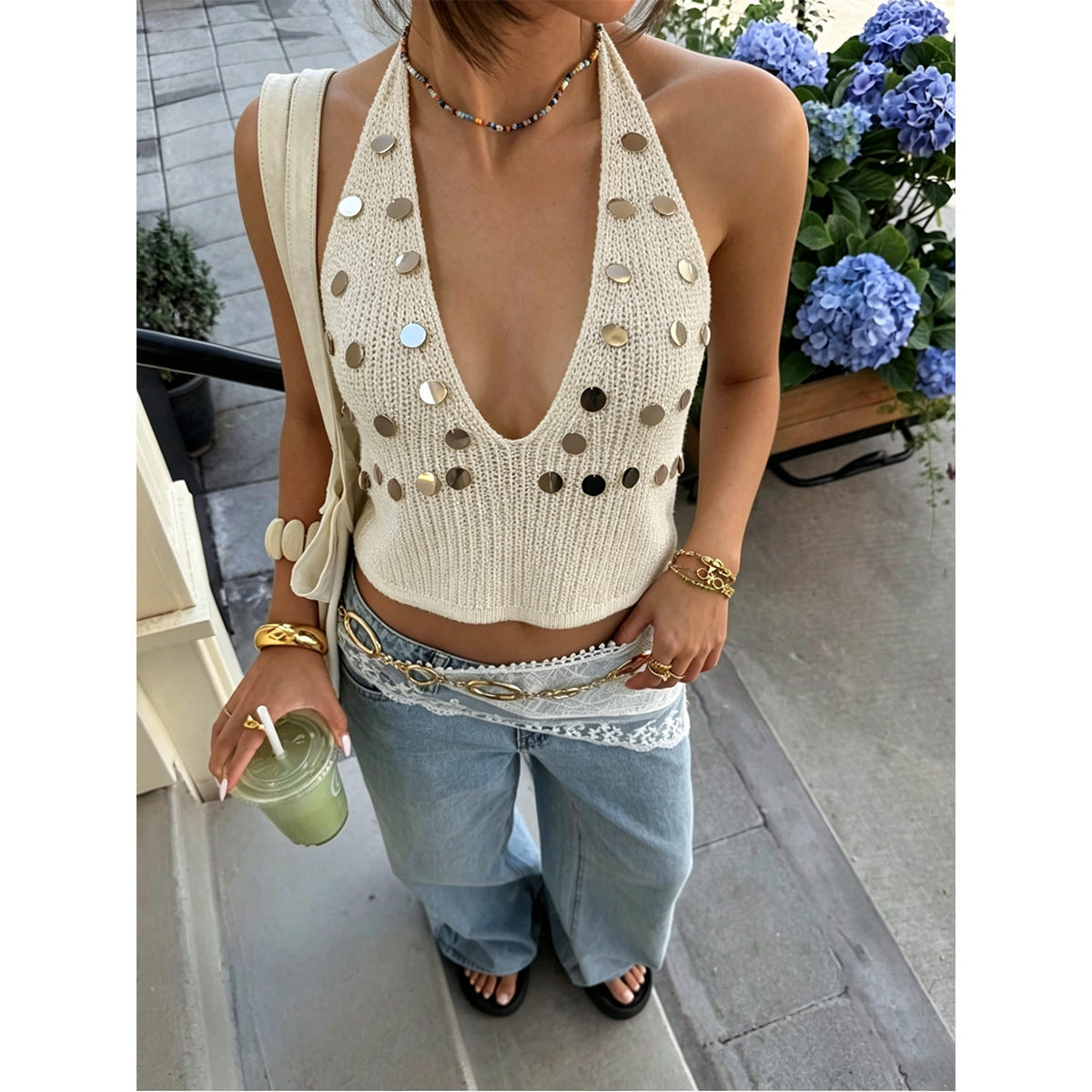 Damen trendiges Stricktop mit tiefem V-Ausschnitt und modischen Metallic-Akzenten R&B