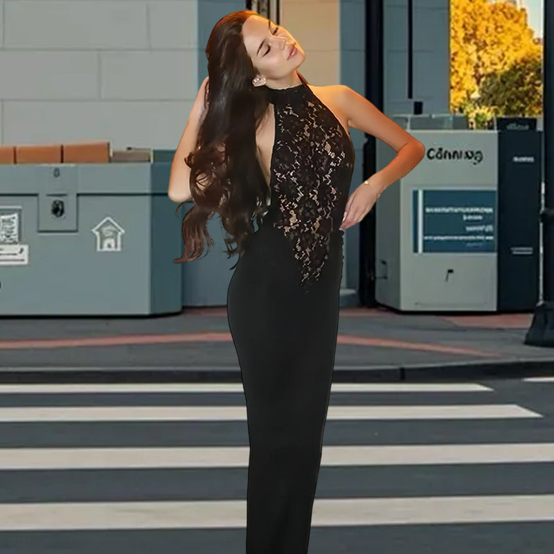 Damen Elegantes Spitzen-Maxikleid mit tiefem V-Ausschnitt und figurbetontem Schnitt R&B