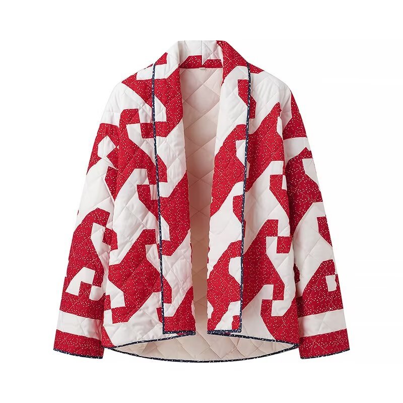 Damen gesteppte Jacke mit modernem Geometrie-Muster und offenem Schnitt R&B