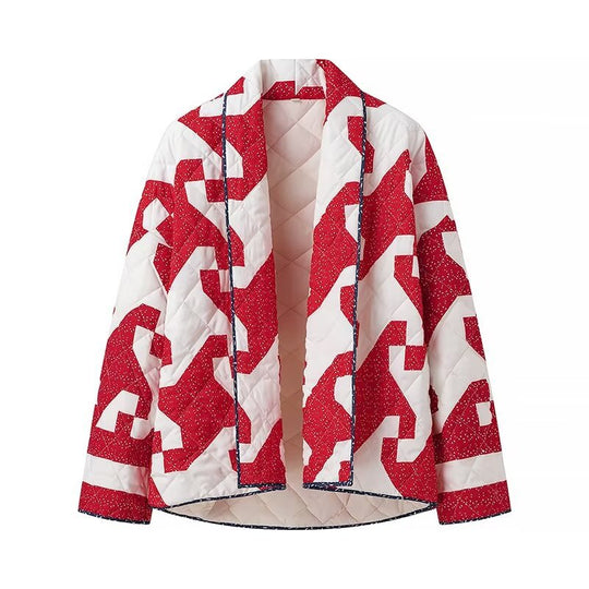 Damen gesteppte Jacke mit modernem Geometrie-Muster und offenem Schnitt R&B