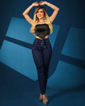 Damen Skinny Jeans mit modischem Schnürdetail und hohem Taillenbund R&B