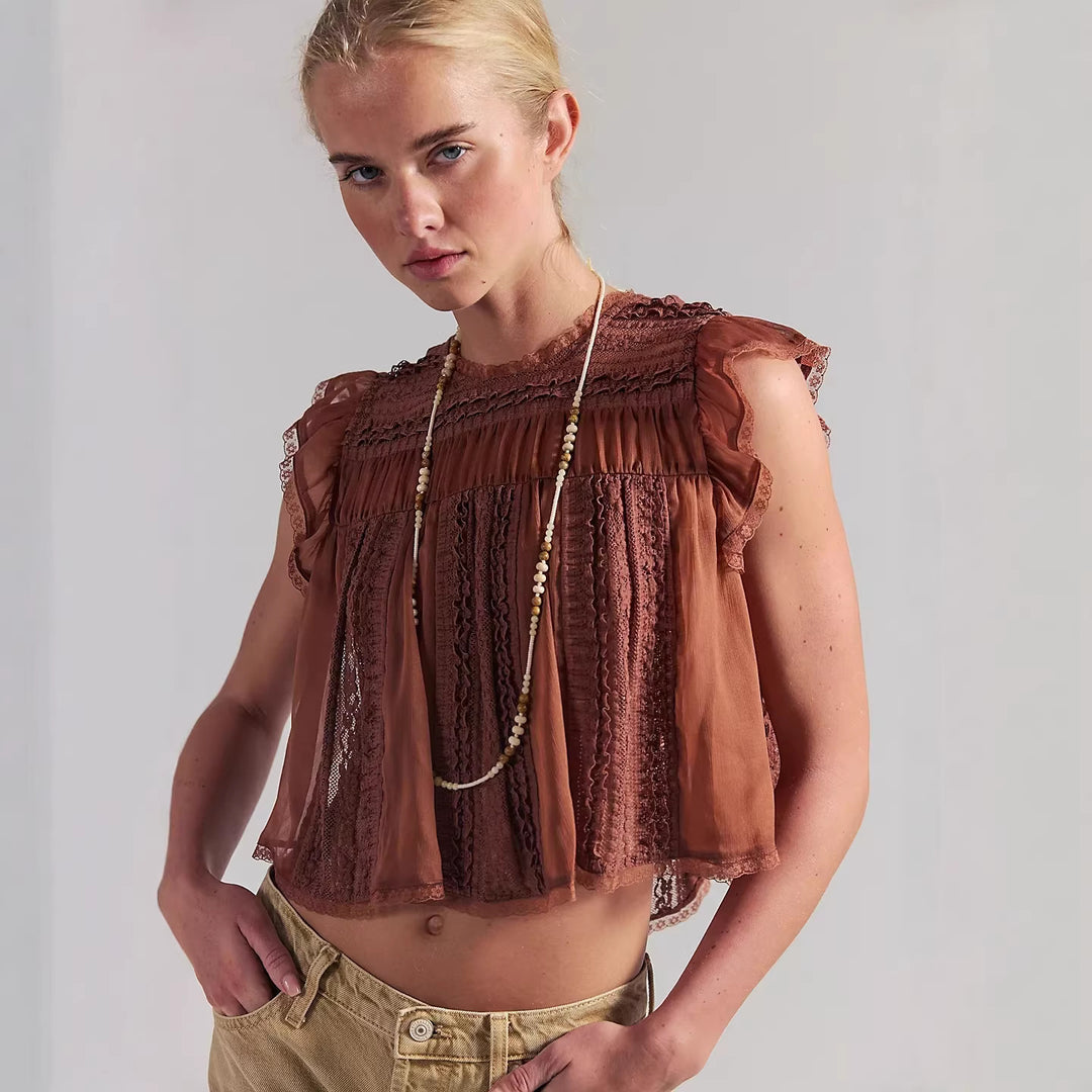 Damen Luftiges Spitzenoberteil mit Rüschendetails R&B