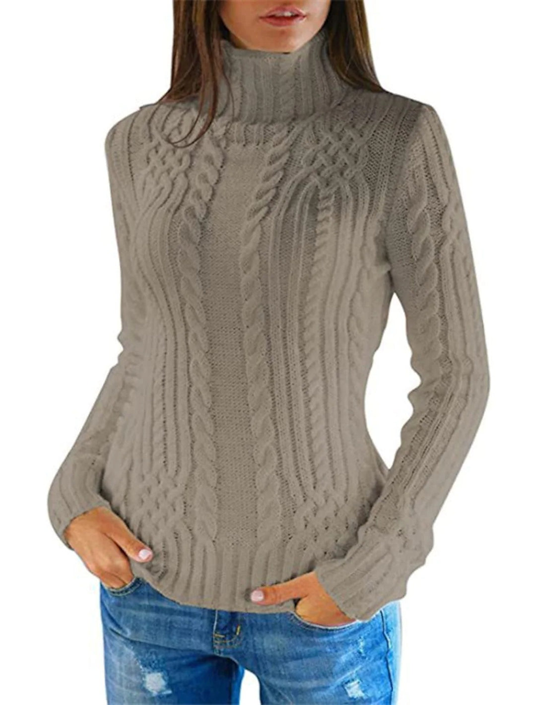 Damen Hochwertiger Strickpullover mit Stehkragen und Zopfmuster R&B
