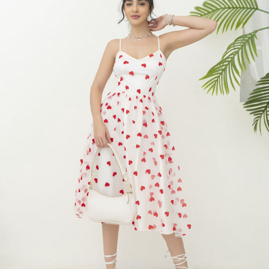 Damen romantisches A-Linien Kleid mit Herzmotiv und verstellbaren Trägern R&B