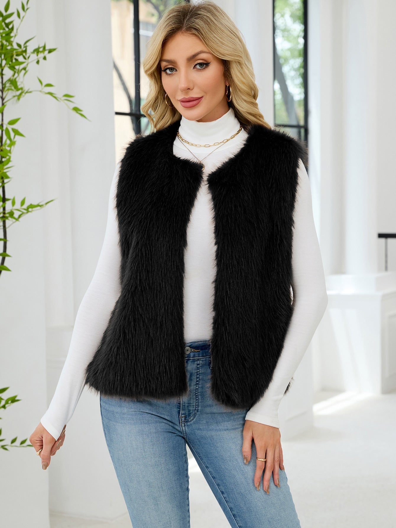 Damen Flauschige Kunstpelzweste mit voluminösem Kragen R&B
