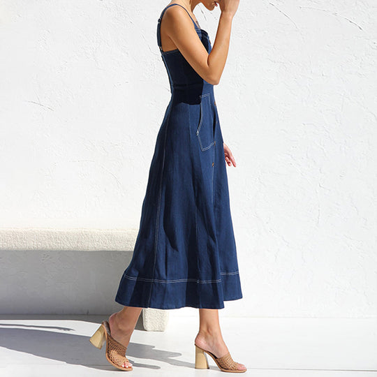 Damen langes Jeanskleid mit Knopfleiste und praktischen Taschen R&B