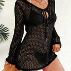 Damen Häkel-Strandkleid mit tiefem V-Ausschnitt und breiten Ärmeln R&B