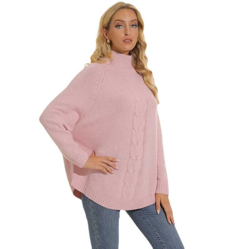 Damen gemütlicher Strickpullover mit hochgeschlossenem Kragen und modischem Zopfmuster R&B