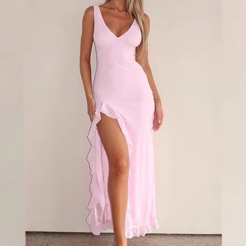 Damen Elegantes Maxikleid mit Rüschendetail und seitlichem Schlitz R&B