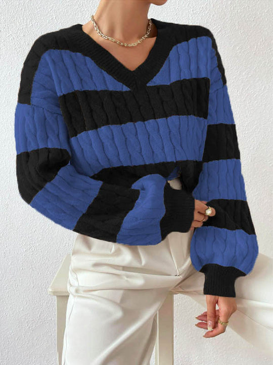 Damen V-Ausschnitt Strickpullover mit Rippstruktur und langen Ärmeln R&B