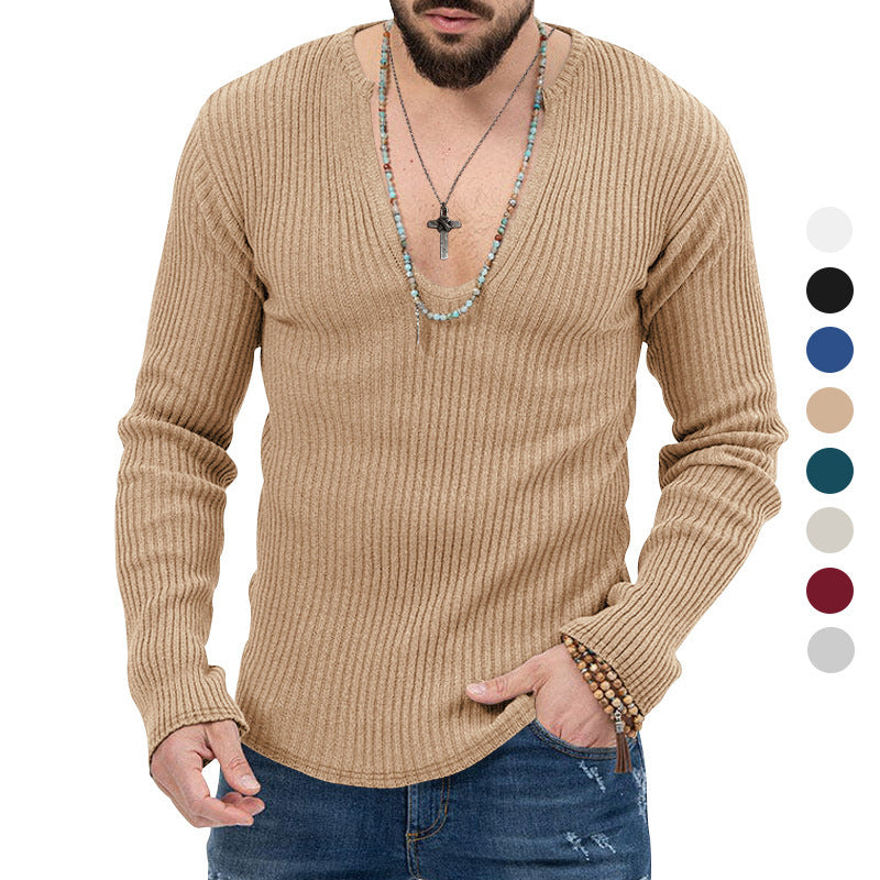 Herren elegantes Langarmshirt mit tiefem V-Ausschnitt und strukturiertem GewR&Be R&B