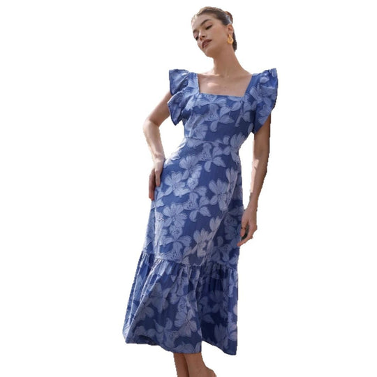 Damen Maxikleid mit floralem Streifenmuster und taillierter Silhouette R&B