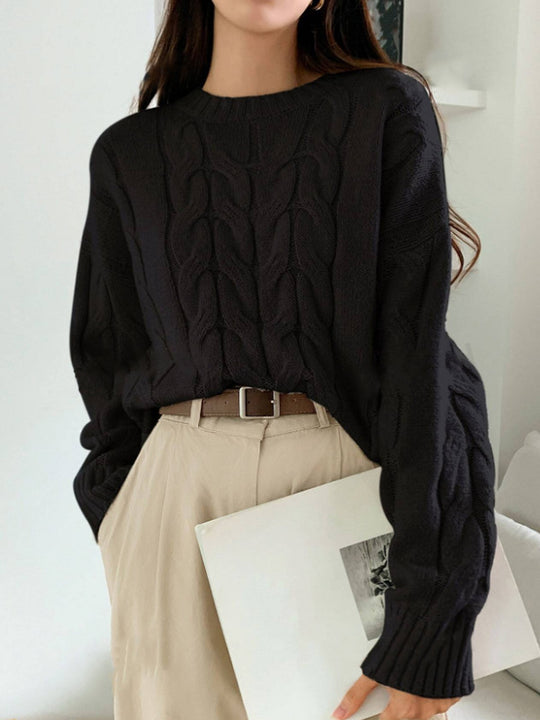 Damen Gemusterter Strickpullover mit voluminösen Ärmeln und Rundhalsausschnitt R&B