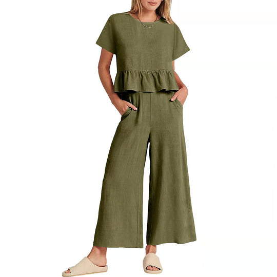 Damen Zweiteiliges Outfit mit fließendem Oberteil und weitem Hosen-Design R&B