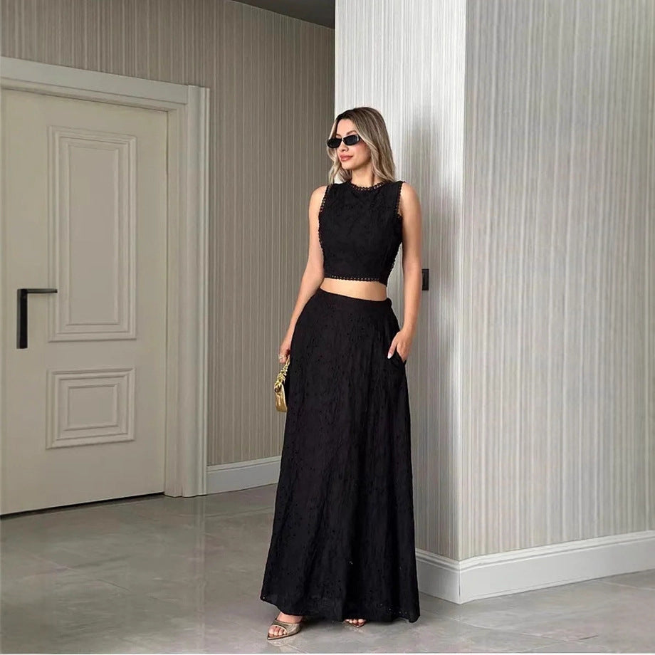 Damen Maxikleid mit filigranem Lochstickmuster und modischem Crop-Oberteil R&B