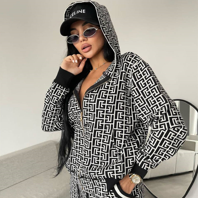 Damen modisches Strick-Loungewear-Set mit grafischem Muster R&B