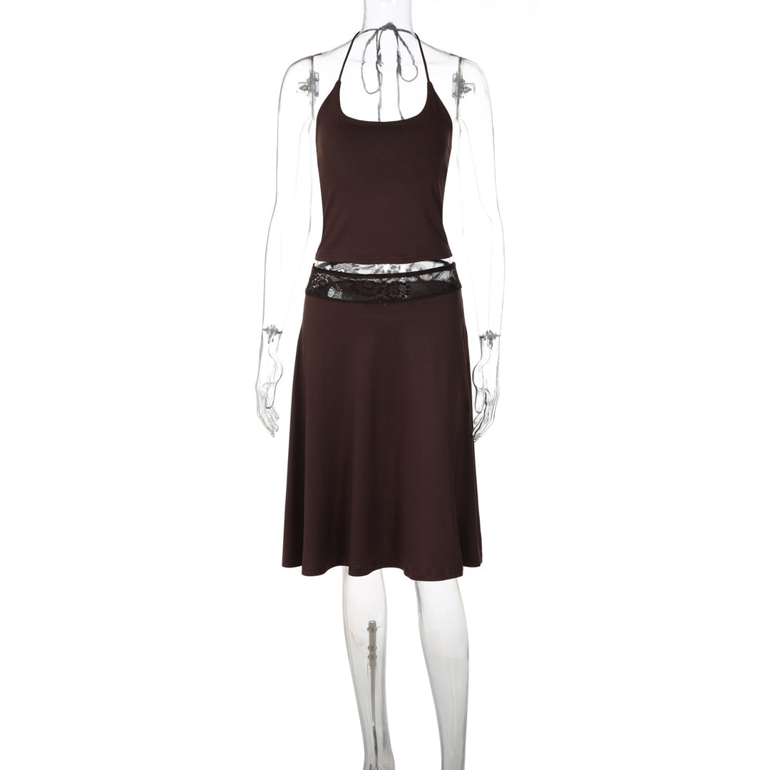 Damen elegantes Trägerkleid mit Spitzenakzent und fließendem Schnitt R&B