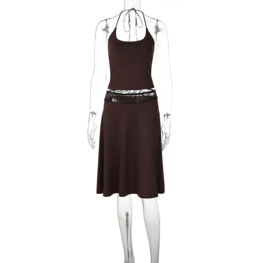 Damen elegantes Trägerkleid mit Spitzenakzent und fließendem Schnitt R&B