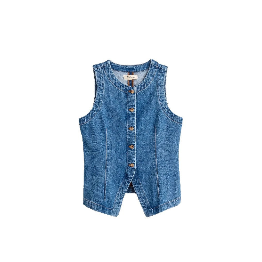 Damen Jeans-Weste mit asymmetrischem Schnitt und dekorativen Knöpfen R&B