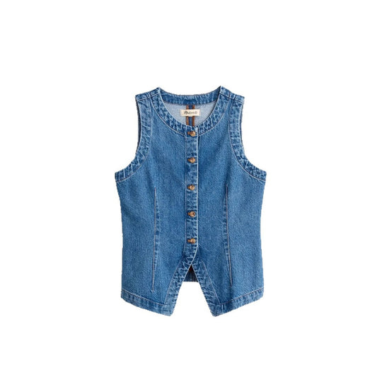 Damen Jeans-Weste mit asymmetrischem Schnitt und dekorativen Knöpfen R&B