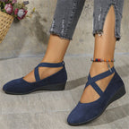 Damen elegante Wedge-Pantoletten mit überkreuzten Riemen und komfortablem Fußbett R&B