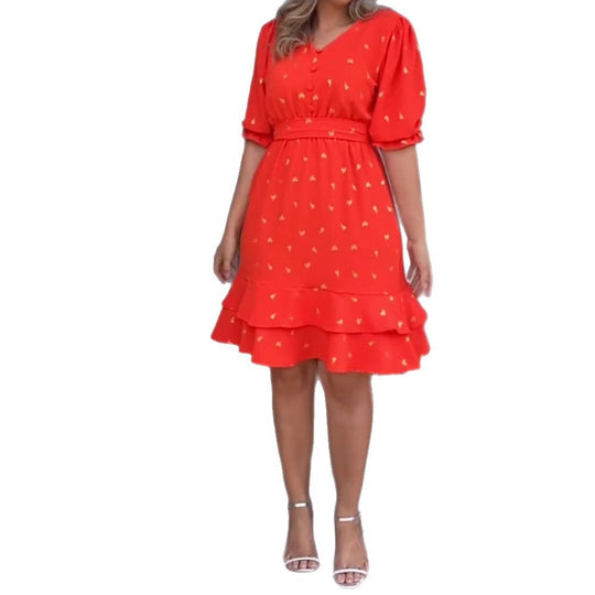 Damen nan knielanges Volantkleid mit Taillengürtel, V-Ausschnitt und gerafften Puffärmeln R&B