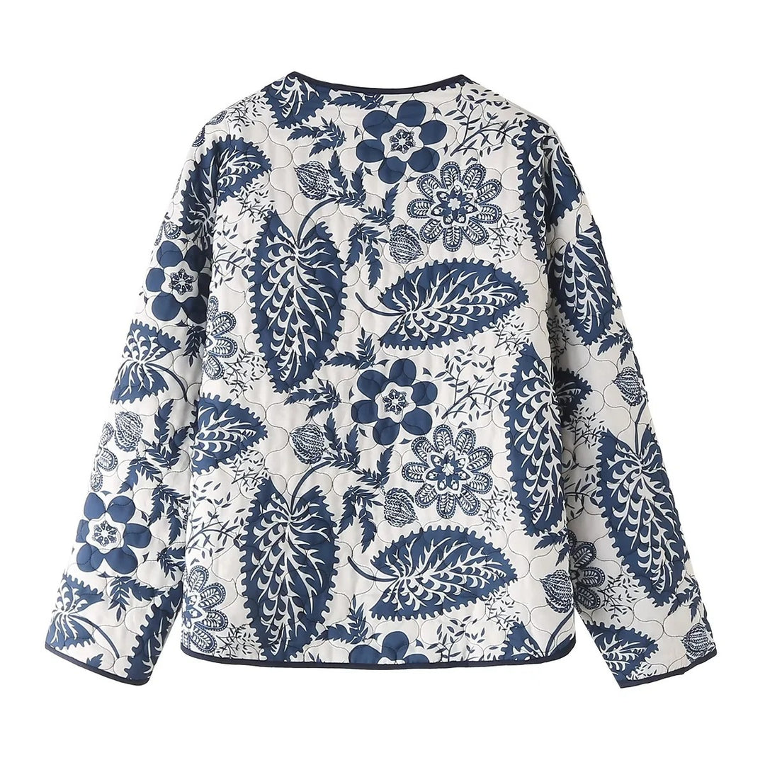 Damen gestepptes Blumenjacke mit innovativen Tasche und Rundhals R&B