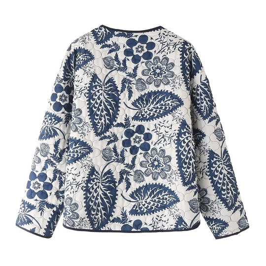 Damen gestepptes Blumenjacke mit innovativen Tasche und Rundhals R&B