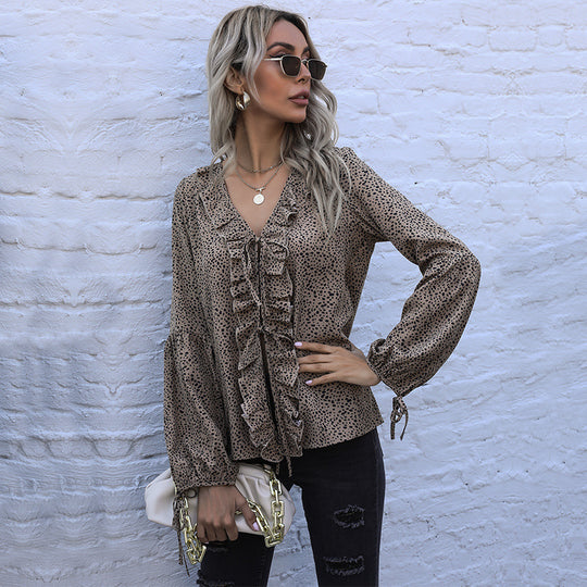Damen elegantes Blusenshirt mit Rüschendetails und V-Ausschnitt R&B
