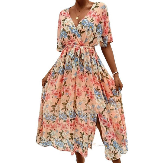 Damen nan florales V-Ausschnitt-Bindekleid mit tailliertem Gürtel und seitlichem Beinschlitz R&B