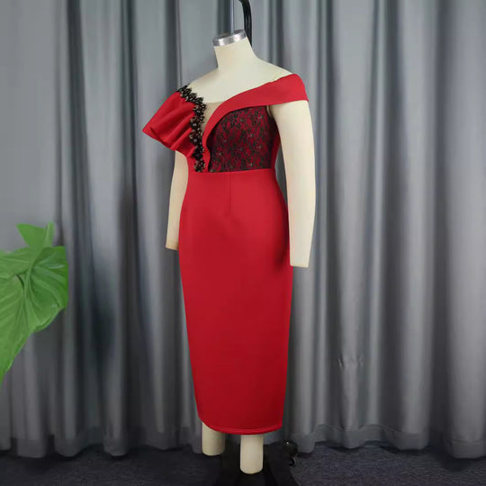 Damen elegantes Kleid mit asymmetrischem Schnitt und floralen Akzenten R&B